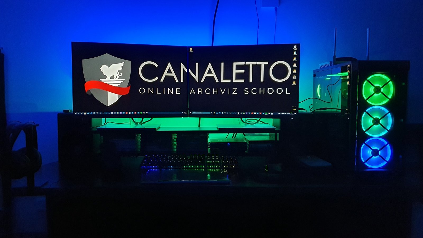CANALETTO ArchViz workstation with dual monitors and blue studio lighting